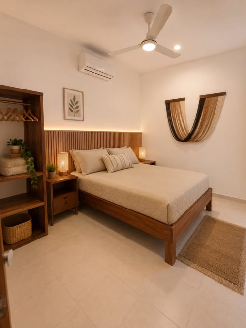 Dormitorio moderno en Hotel Isla Mujeres Centro con cama de madera, iluminación ambiental, ventilador de techo y decoración tropical