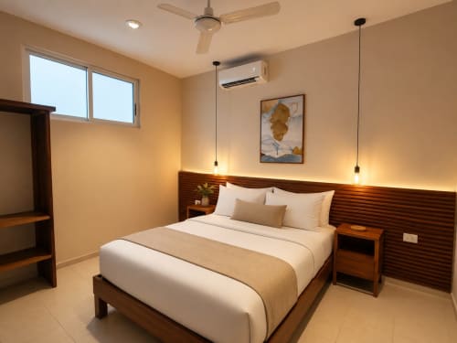 Suite moderna en Hotel Isla Mujeres Centro con cama de madera, luces colgantes, aire acondicionado y decoración contemporánea