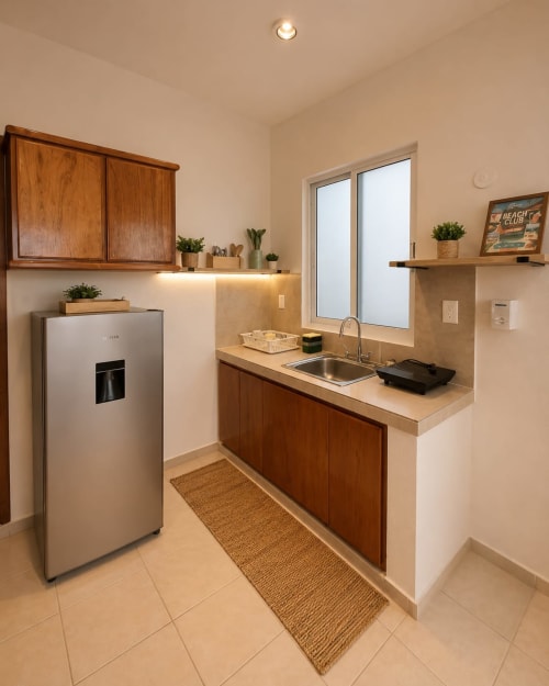 Cocina moderna con gabinetes de madera, refrigerador de acero inoxidable y fregadero en suite Hotel Isla Mujeres Centro, México