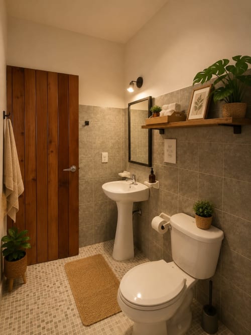 Baño de la Suite 2 en Hotel Isla Mujeres Centro con lavamanos de pedestal, inodoro, paredes de azulejo, puerta de madera y plantas en maceta