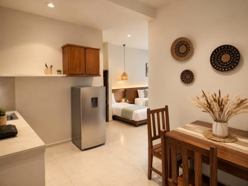 Suite moderna en Hotel Isla Mujeres Centro con cocina, comedor, dormitorio con muebles de madera y