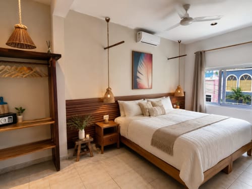 Moderna suite de hotel en Hotel Isla Mujeres Centro con cama de madera, lámparas colgantes y vista a la ciudad en Isla Mujeres, México