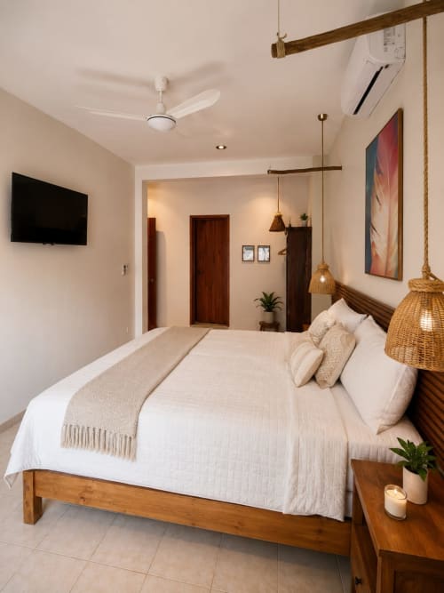 Suite moderna en Hotel Isla Mujeres Centro con cama Queen, lámparas colgantes tejidas, ropa blanca y vista a la ciudad