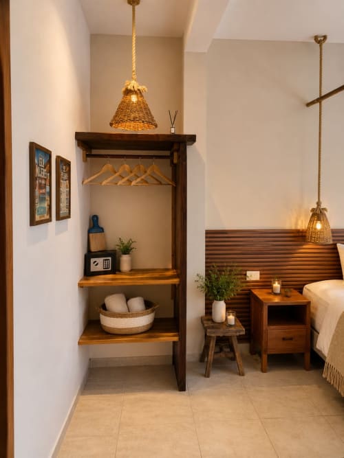 Acogedora habitación del Hotel Isla Mujeres Centro con estanterías de madera, lámparas colgantes tejidas, cama y decoración rústica en Isla