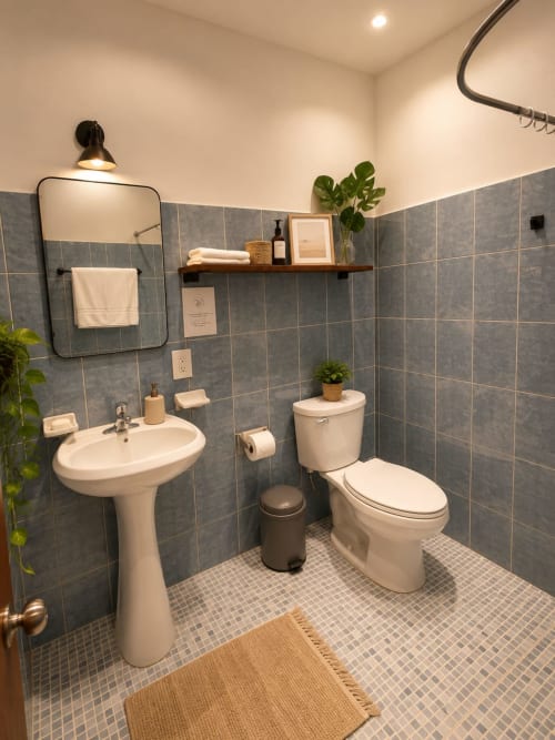 Baño moderno en suite del Hotel Isla Mujeres Centro con lavamanos de pedestal, sanitario, azulejos grises y plantas decorativas