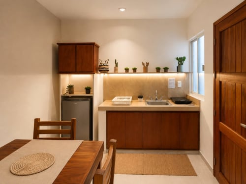 Cocineta moderna en Suite 5 del Hotel Isla Mujeres Centro con gabinetes de madera, fregadero, estufa y área de comedor