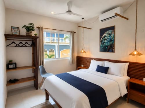 Habitación moderna en Isla Mujeres Centro con cama queen, muebles de madera, lámparas colgantes y vistas a la ciudad