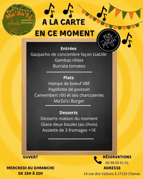 Tableau menu du restaurant Ma'Zo'Li en jaune avec entrées, plats et desserts. Ouvert mercredi-dimanche 18h-22h. Chenac, France.