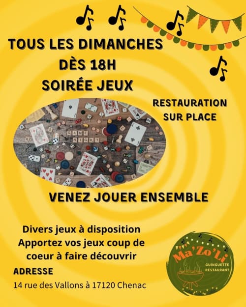 Affiche d'événement soirée jeux au restaurant Ma'Zo'Li à Chenac - jeux de société et restauration tous les dimanches à 18h