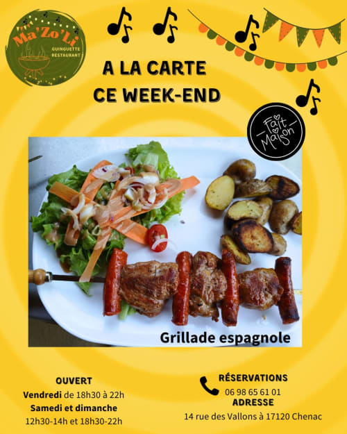 Menu du week-end du restaurant Ma'Zo'h : grillade espagnole avec viandes grillées, légumes et pommes de terre près de Chénac