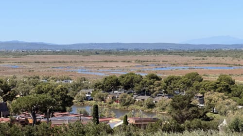 Vista al río desde apartamento Holidays Costa Brava en Empuriabrava con árboles, humedales y montañas distantes