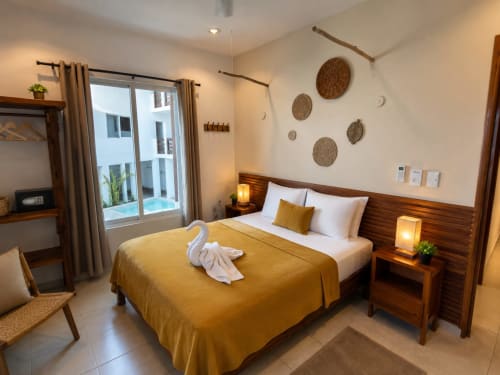 Suite del hotel Isla Mujeres con cama queen, cabecero de madera, manta amarilla, balcón con vista a la ciudad y decoración tejida en pared