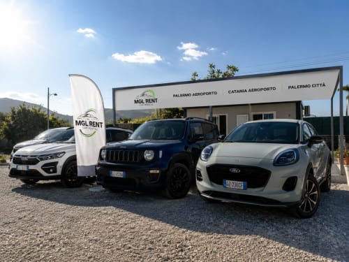 MGL Rent car rental at Palermo airport, showcasing three vehicles for Liberty Palace guests