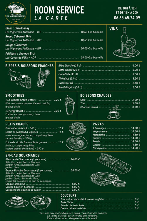 Room service menu at Les Lodges de Vaugrigneuse with wines, pizzas, hot dishes and beverages