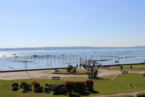 Vue sur la baie de Cap Ferret avec parcs à huîtres, pelouse verdoyante et bateaux depuis l'appartement La Loge Du Bassin
