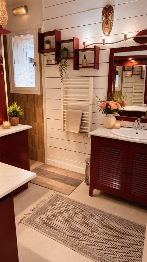 Salle de bain moderne à la villa La Loge Du Bassin à Lège-Cap-Ferret avec vasque bordeaux, vue sur piscine chauffée et équipements spa