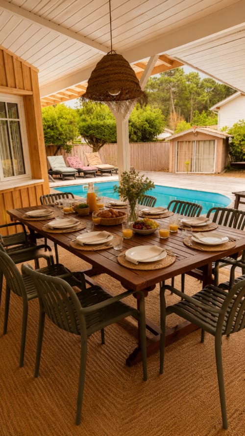 Élégante ambiance de dîner en plein air sous pergola à la villa La Loge Du Bassin avec piscine chauffée, couverts dressés et vue sur jardin