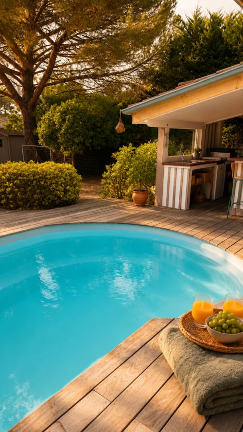 Piscine chauffée et cuisine extérieure à Villa La Chunga, Lège-Cap-Ferret, avec rafraîchissements au bord de la piscine et terrasse en bois