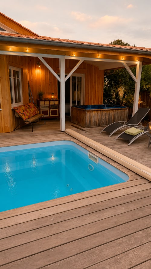 Piscine chauffée et terrasse en bois à la Villa La Chunga, Lège-Cap-Ferret, avec jacuzzi et coin détente au crépuscule