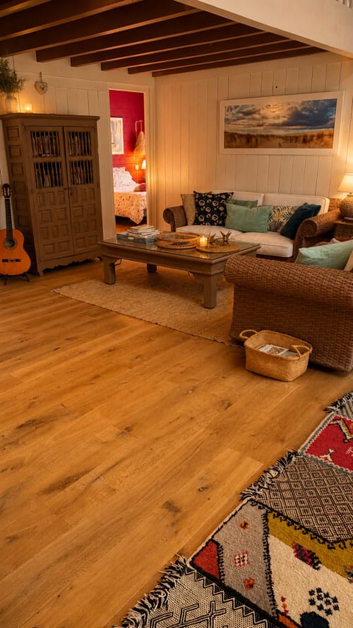 Salon chaleureux à la Villa La Chunga, Lège-Cap-Ferret : poutres en bois, mobilier confortable, guitare et vue sur le littoral
