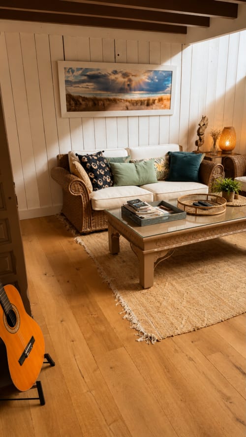 Salon cosy avec canapé en rotin, tapis tissé et œuvre paysagère à la Villa La Chunga à Lège-Cap-Ferret