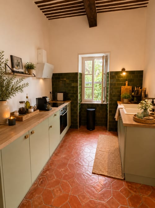 Cuisine de cottage moderne avec carrelage en terre cuite, placards crème, dosseret vert foncé, comptoirs en bois et vue sur le jardin