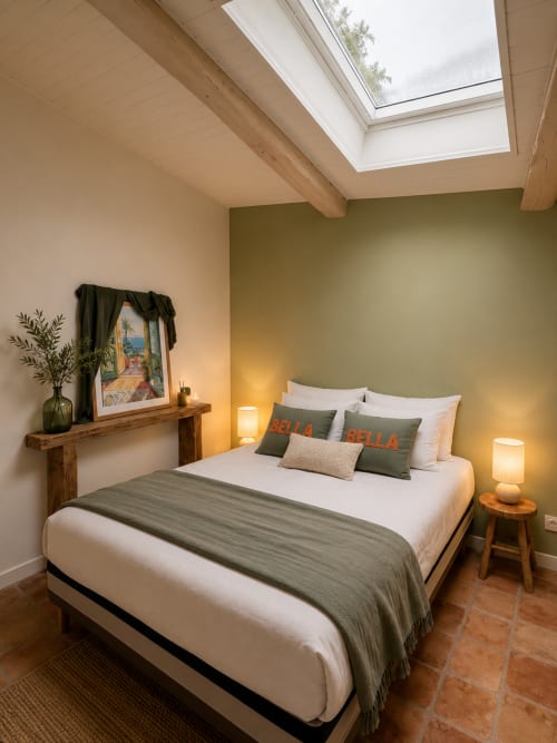 Chambre douillette avec verrière, mur vert, literie blanche, mobilier en bois et ambiance chaleureuse à Grignan