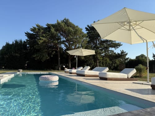 Luxueuse piscine au Domaine Mas Lafleur à Châteaurenard avec transats, parasols et pins