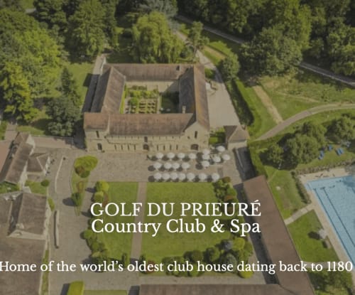 Golf du Prieuré Country Club aerial view, historic 1180 clubhouse in La Roche Guyon near Giverny
