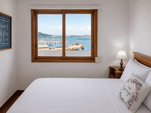 Luminoso dormitorio en Holibai Baiona con vistas al mar a través de ventanas de madera que dan a la marina y la bahía