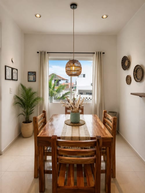 Comedor moderno en Suite 7 del Hotel Isla Mujeres Centro con mesa de madera, lámpara colgante tejida y vista al océano