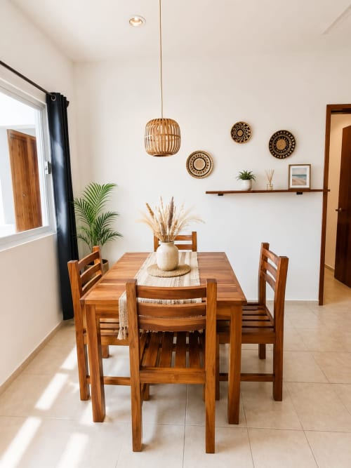 Luminosa sala de comedor en Hotel Isla Mujeres Centro con mesa de madera, sillas, lámpara colgante tejida y decoración costera.