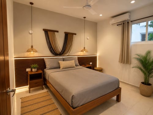 Habitación moderna del Hotel Isla Mujeres Centro con cama de madera, lámparas colgantes, cabecera rayada y decoración costera