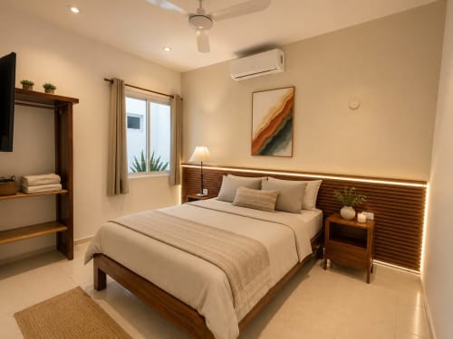 Habitación moderna del hotel Isla Mujeres Centro con cama de madera, ropa de cama beige, aire acondicionado y mobiliario contemporáneo