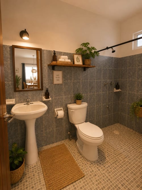 Baño moderno en Hotel Isla Mujeres Centro con lavabo pedestal, inodoro, ducha abierta, azulejos grises y estantería de madera