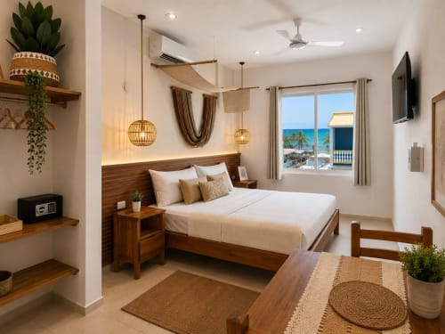 Suite frente al mar en Hotel Isla Mujeres Centro con cama de madera, vista al océano, lámparas colgantes y decoración tropical