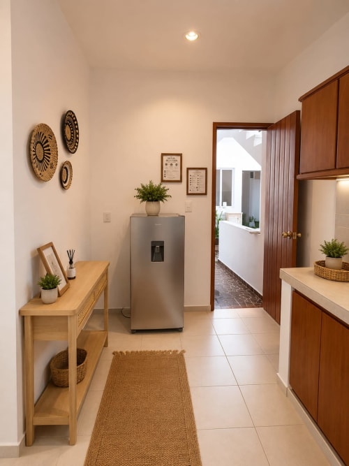 Cocina moderna en Suite 9 del Hotel Isla Mujeres Centro, con gabinetes de madera, refrigerador acero inoxidable y estilo costero