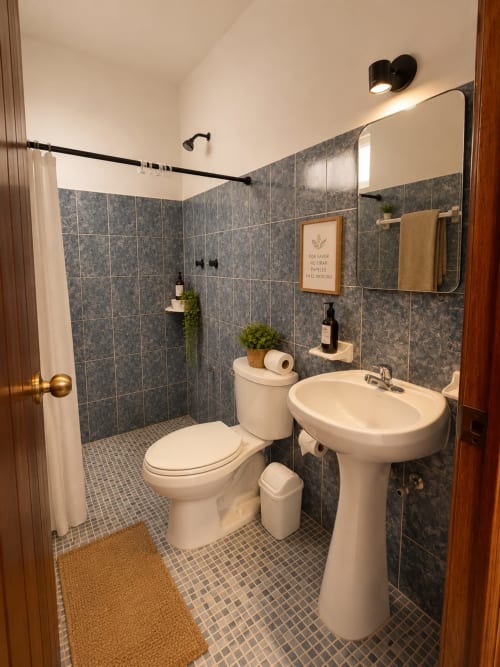 Baño moderno del Hotel Isla Mujeres Centro con paredes de azulejos grises, lavamanos de pedestal, inodoro y ducha de entrada con negro