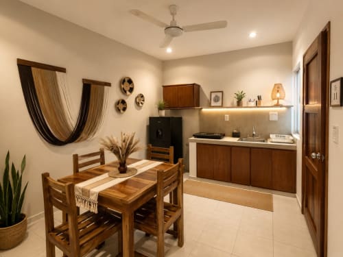 Cocina y comedor moderno en la Suite 11 del Hotel Isla Mujeres Centro con muebles de madera y vista a la ciudad