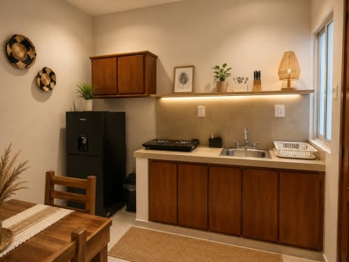 Moderna cocineta en Suite 11 del Hotel Isla Mujeres Centro con gabinetes de madera, refrigerador negro, estufa y fregadero.