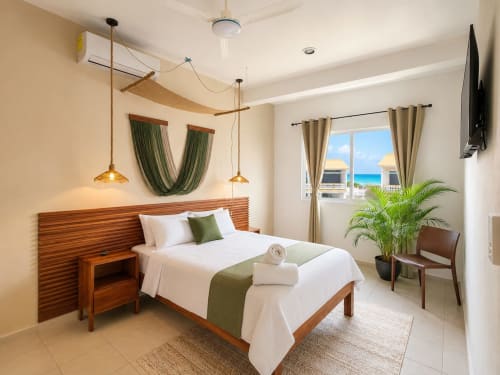 Suite moderna en Hotel Isla Mujeres Centro con vista al océano, cama de madera, luces colgantes y acceso a balcón frente a playa