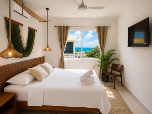 Suite luminosa en Hotel Isla Mujeres Centro con vista al océano, cama de madera y paisaje costero visible desde amplias ventanas
