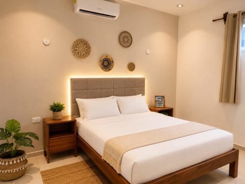 Habitación moderna en hotel Isla Mujeres con cama de madera, cabecera iluminada, arte decorativo en la pared y aire acondicionado