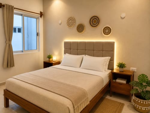 Habitación beige en Hotel Isla Mujeres Centro con cabecero tapizado, mesas de noche de madera, placas decorativas y vistas al océano