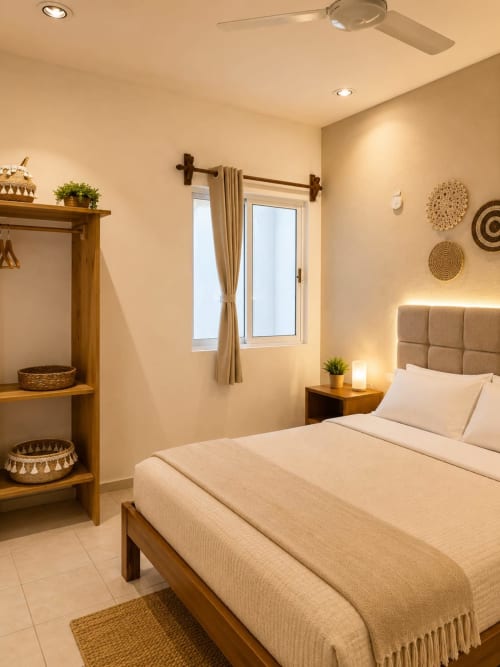Luminosa habitación frente al mar en Hotel Isla Mujeres Centro con cama de madera, decoración neutra, ventilador de techo y vistas al océano
