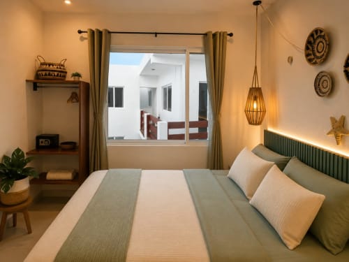Habitación moderna en Hotel Isla Mujeres Centro con vista al mar, cabecera verde, detalles dorados y decoración tropical