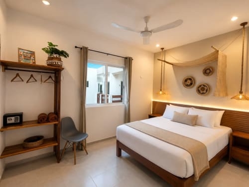 Habitación moderna del Hotel Isla Mujeres Centro con cama king, muebles de madera y vista al mar en Isla Mujeres, México