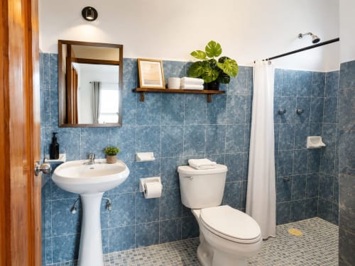 Baño moderno con azulejos azules, lavamanos de pedestal, inodoro, ducha y plantas decorativas en Hotel Isla Mujeres Centro