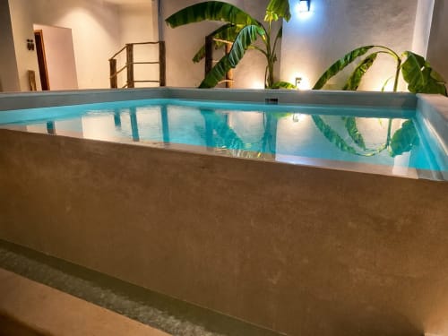 Piscina cubierta con agua turquesa en Hotel Isla Mujeres Centro, flanqueada por plantas de plátano tropical