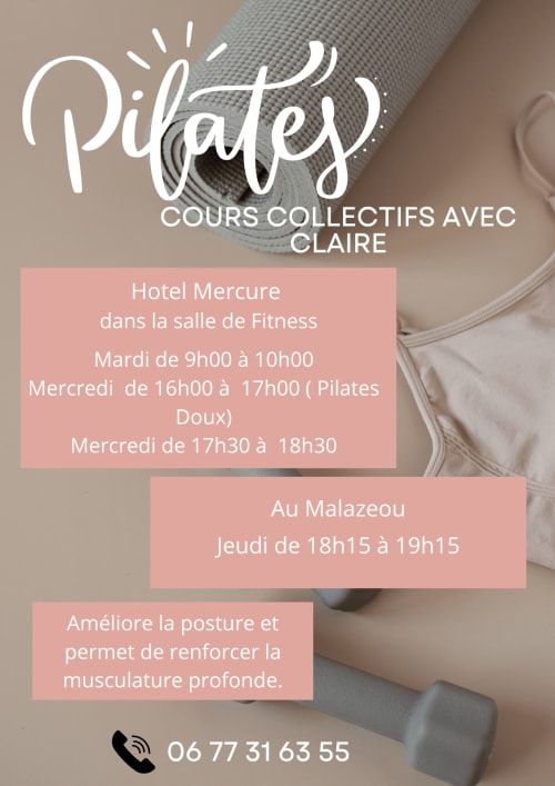 Planning des cours de Pilates avec l'instructrice Claire à la salle de fitness de l'Hôtel Mercure Ax-les-Thermes